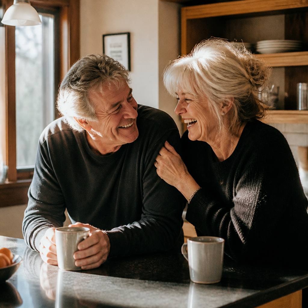 A couple in their mid-sixties laughing together over coffee in their kitchen